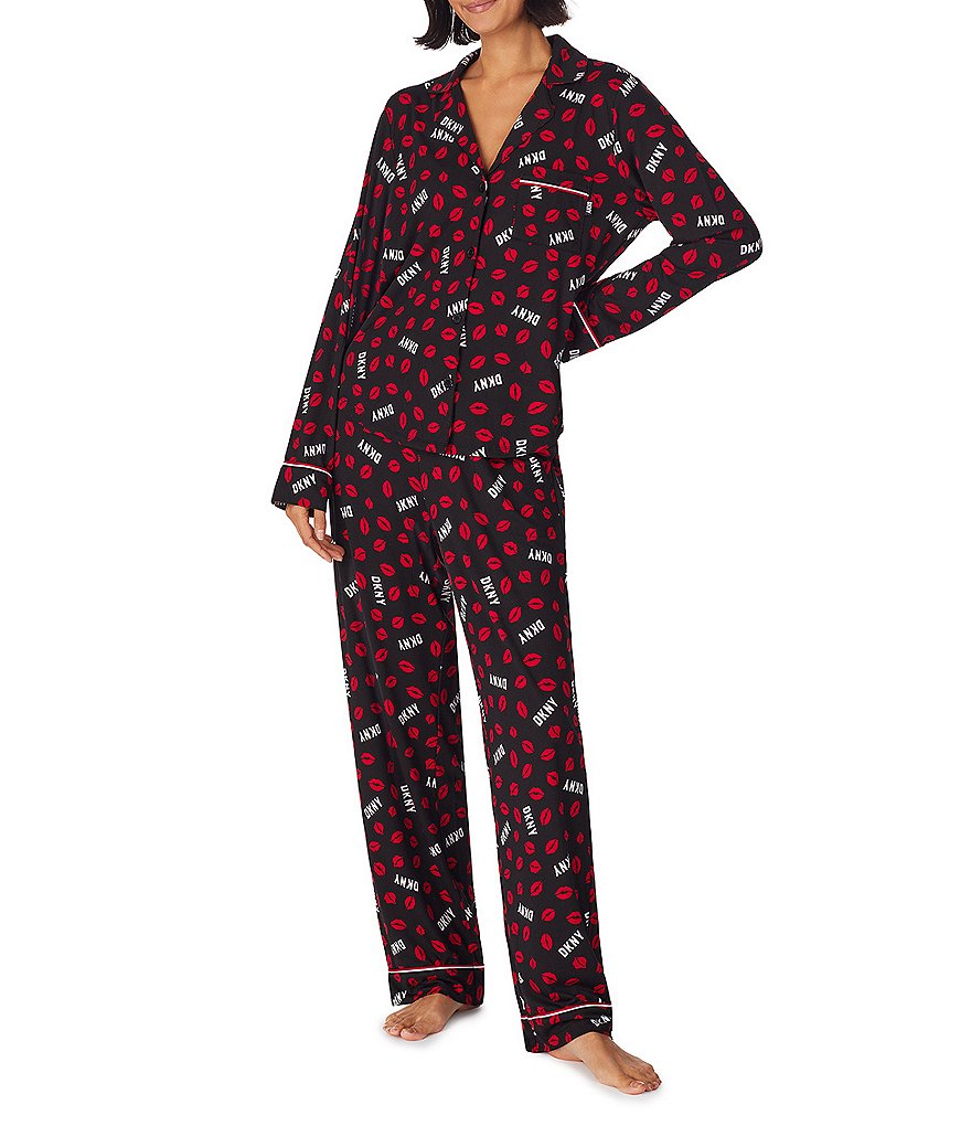 DKNY Knit Lips Print Long Sleeve Notch Collar Top & Pant Pajama Set ...