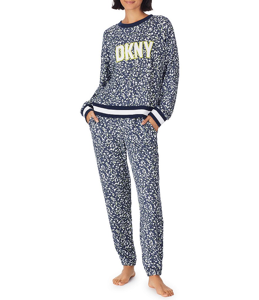 DKNY Long Sleeve & Jogger Knit Textured Print Pajama Set