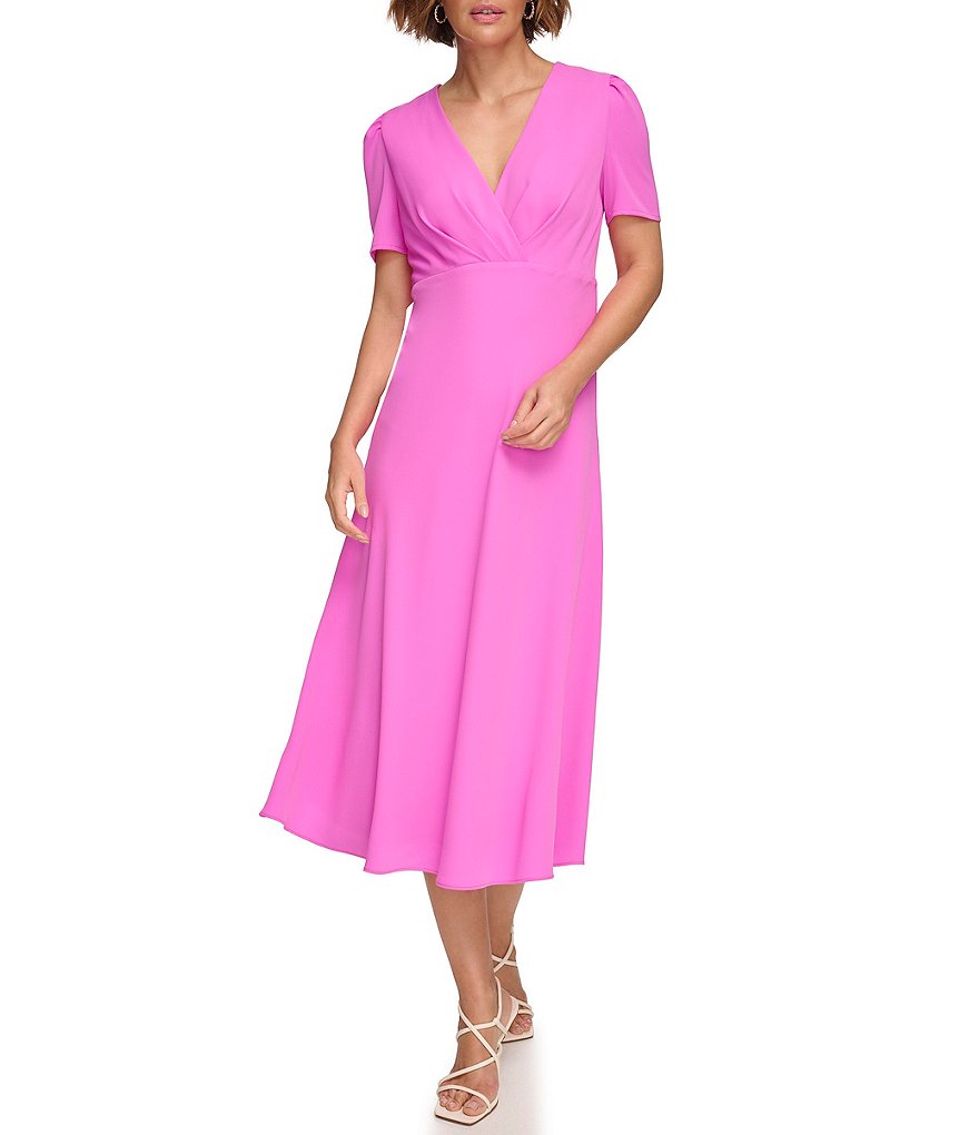 DKNY Petite Size Short Sleeve V-Neck Crepe Midi Dress | Dillard's