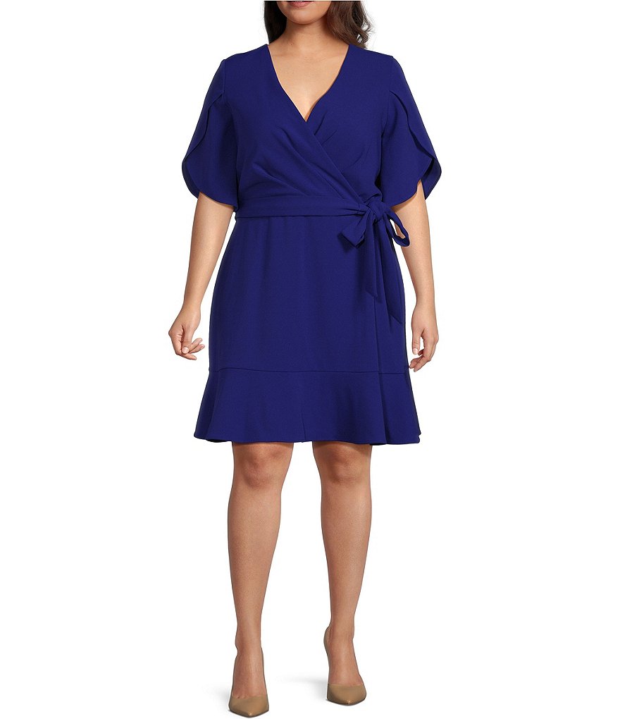 DKNY Plus Size Elbow Sleeve V-Neck Scuba Crepe Faux Wrap Dress | Dillard's