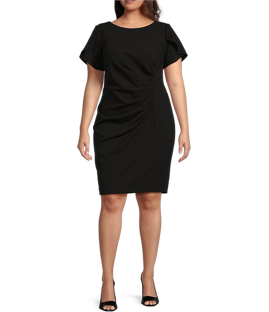 DKNY Plus Size Short Tulip Sleeve Boat Neck Ruched Waist Sheath Dress ...