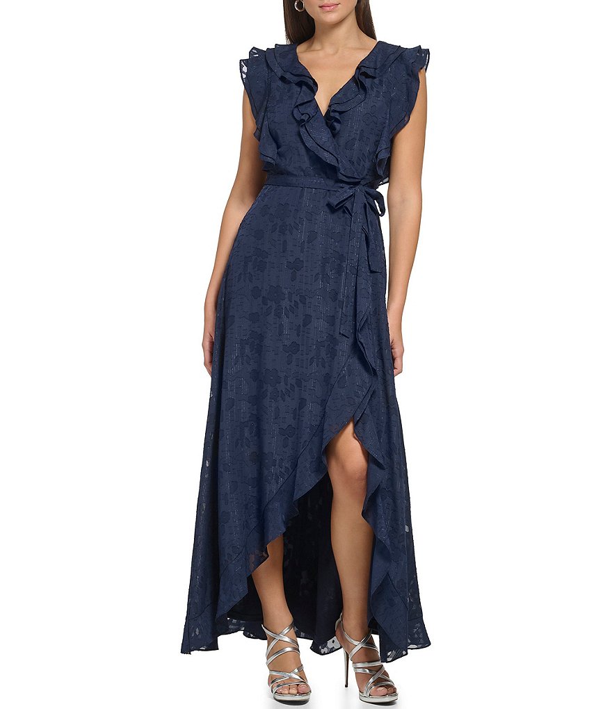DKNY Printed V-Neck Sleeveless Faux Wrap Ruffled Trim High-Low Hem Gown