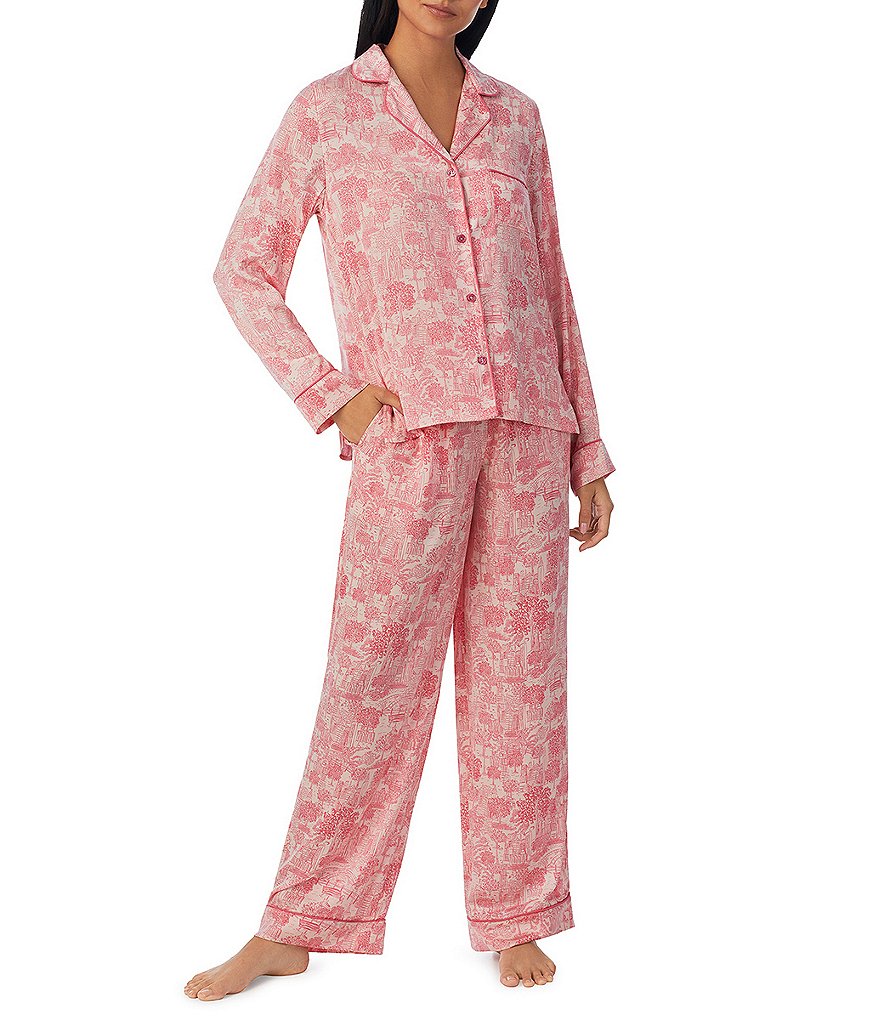 DKNY Satin Toile Print Long Sleeve Notch Collar Pajama Set