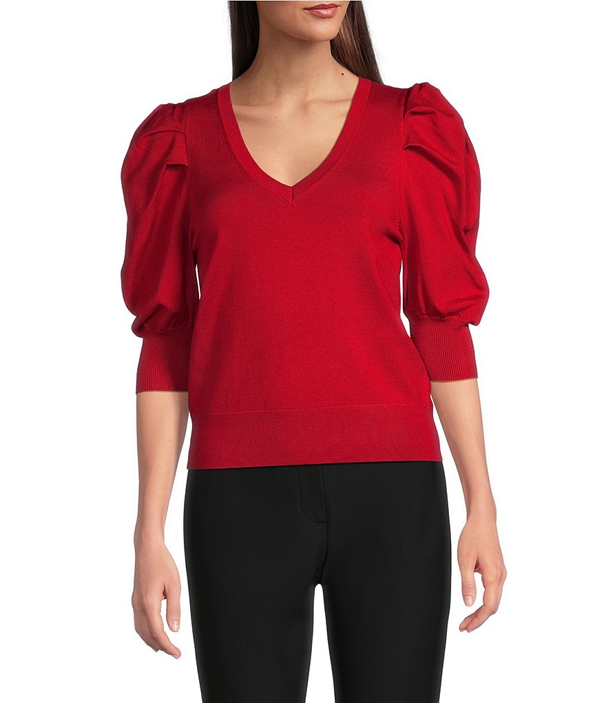 DKNY by Donna Karan Short Pleated Puffed Elbow Sleeve V-Neck DKNY by Donna Karan Short Pleated Puffed Elbow Sleeve V-Neck