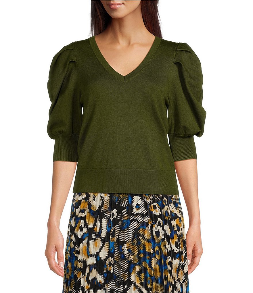 DKNY by Donna Karan Short Pleated Puffed Elbow Sleeve V-Neck DKNY by Donna Karan Short Pleated Puffed Elbow Sleeve V-Neck