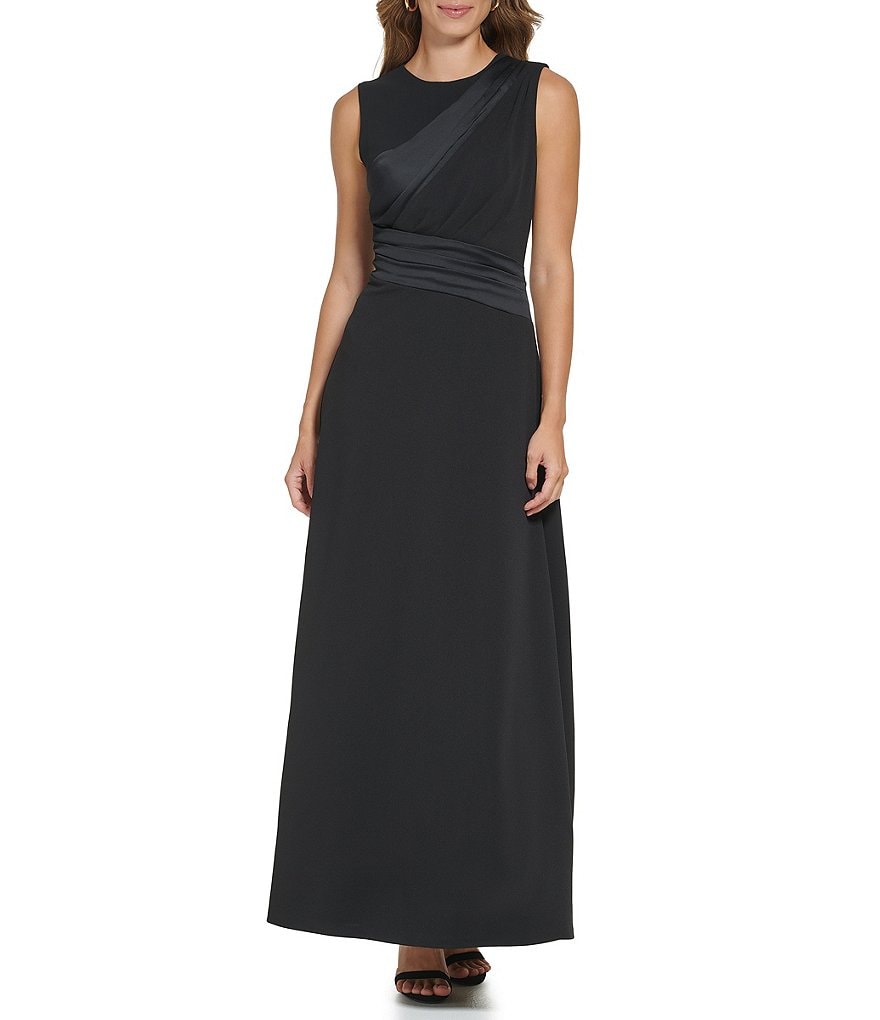 DKNY Sleeveless Crew Neck Mixed Media Ruched A-Line Gown | Dillard's