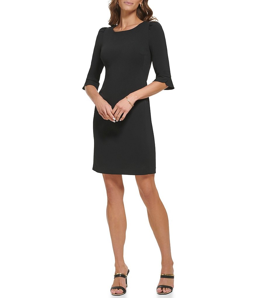 DKNY Stretch Jewel Neckline 3/4 Ruffle Trim Sleeve Sheath Dress | Dillard's