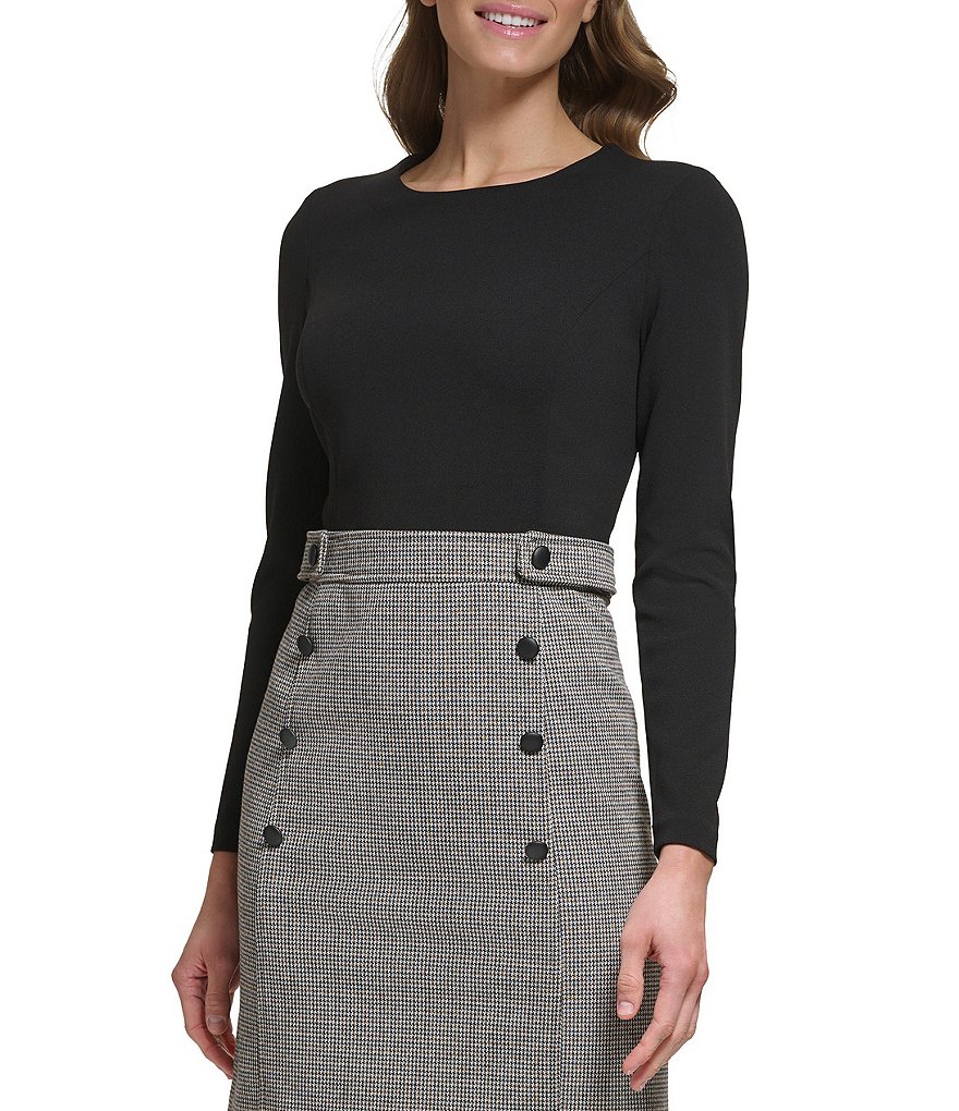 Dkny Stretch Jewel Neckline Long Sleeve Houndstooth Skirt Sheath Dress Dillards