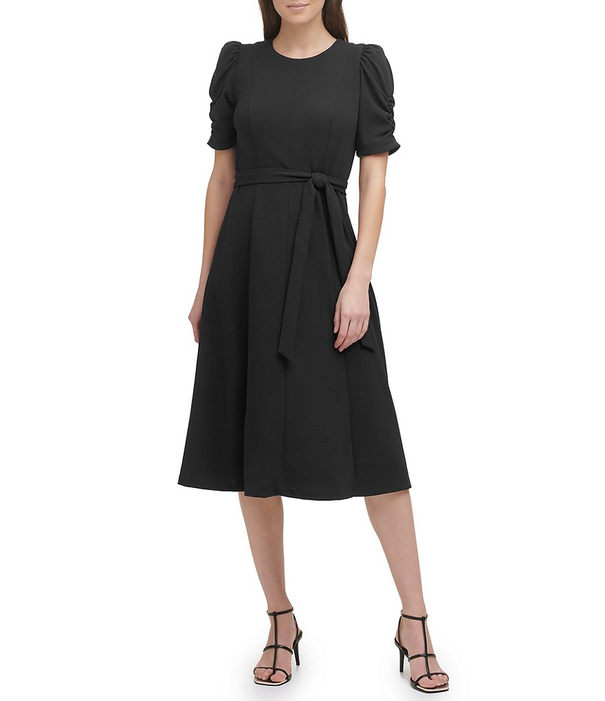 DKNY Stretch Crew Neck Short Ruched Sleeve Fit and Flare Midi