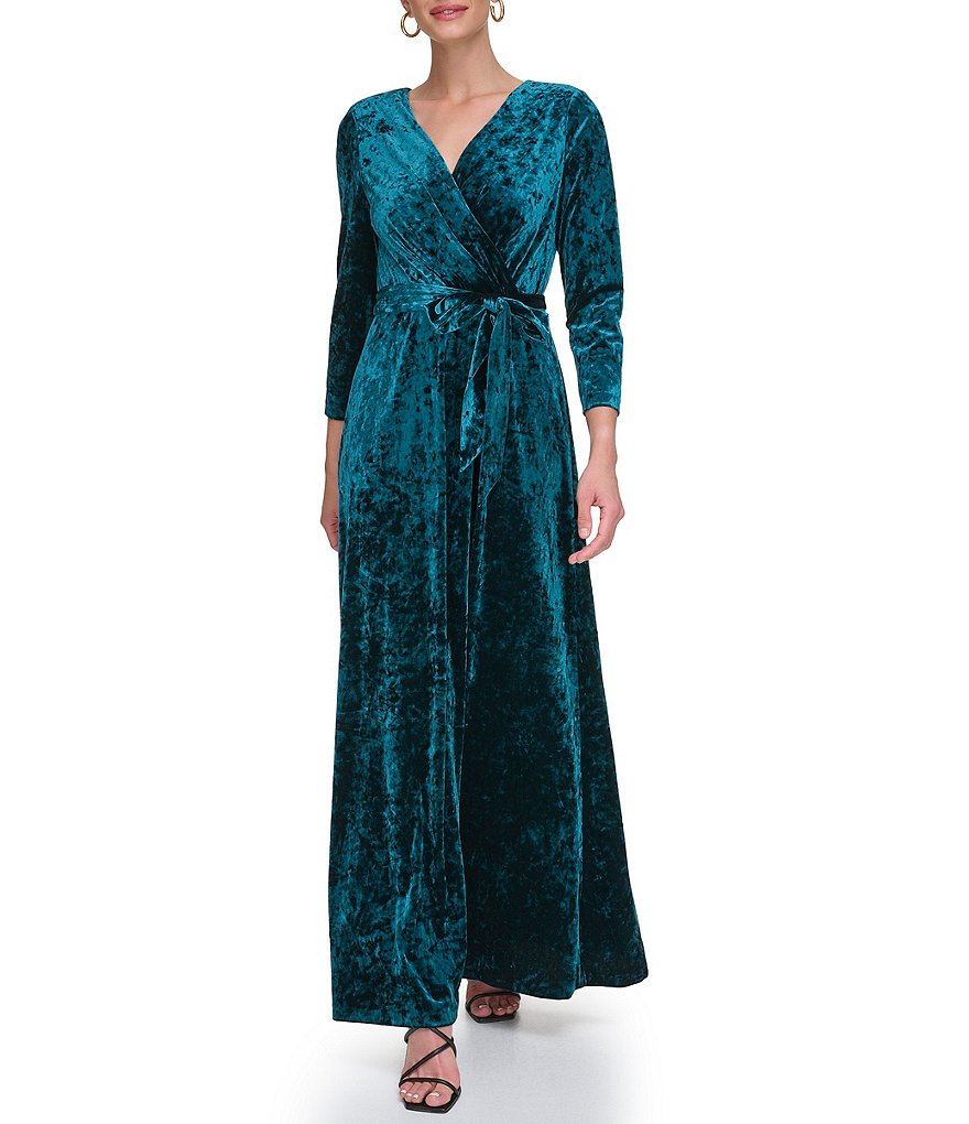 Dkny Stretch Velvet Surplice V Neck 3 4 Sleeve Faux Wrap Dress Dillards