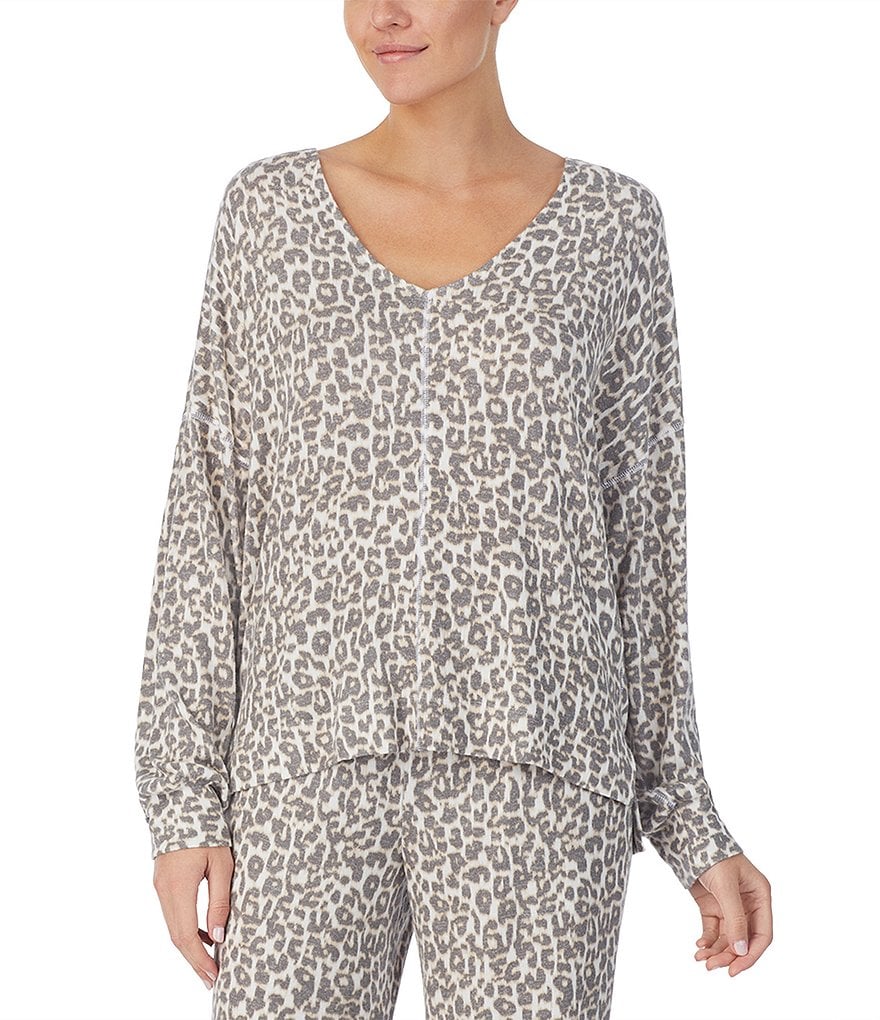 Donna Karan Brushed Marl Animal Print Long Sleeve V-Neck Coordinating Sleep Top - S