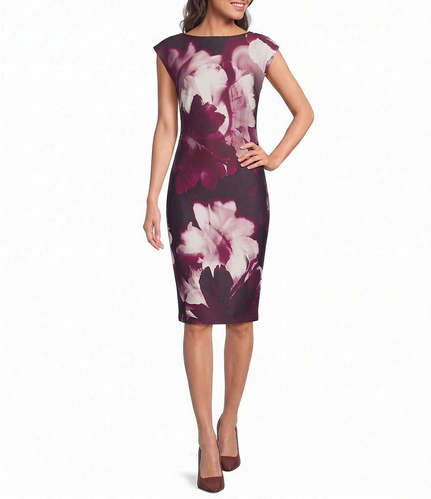 Floral Print Boat Neck Sheath Dress