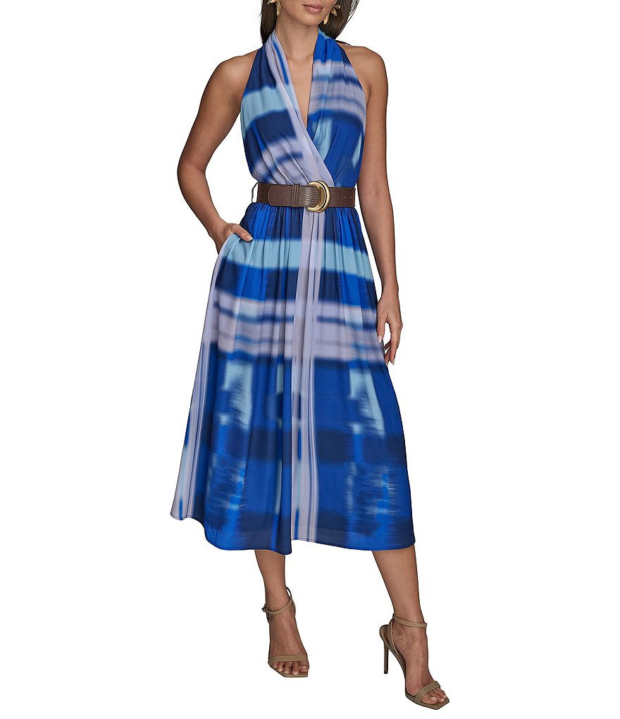 Donna Karan Halter Neck Abstract Print Belted Midi Dress Donna Karan Halter Neck Abstract Print Belted Midi Dress