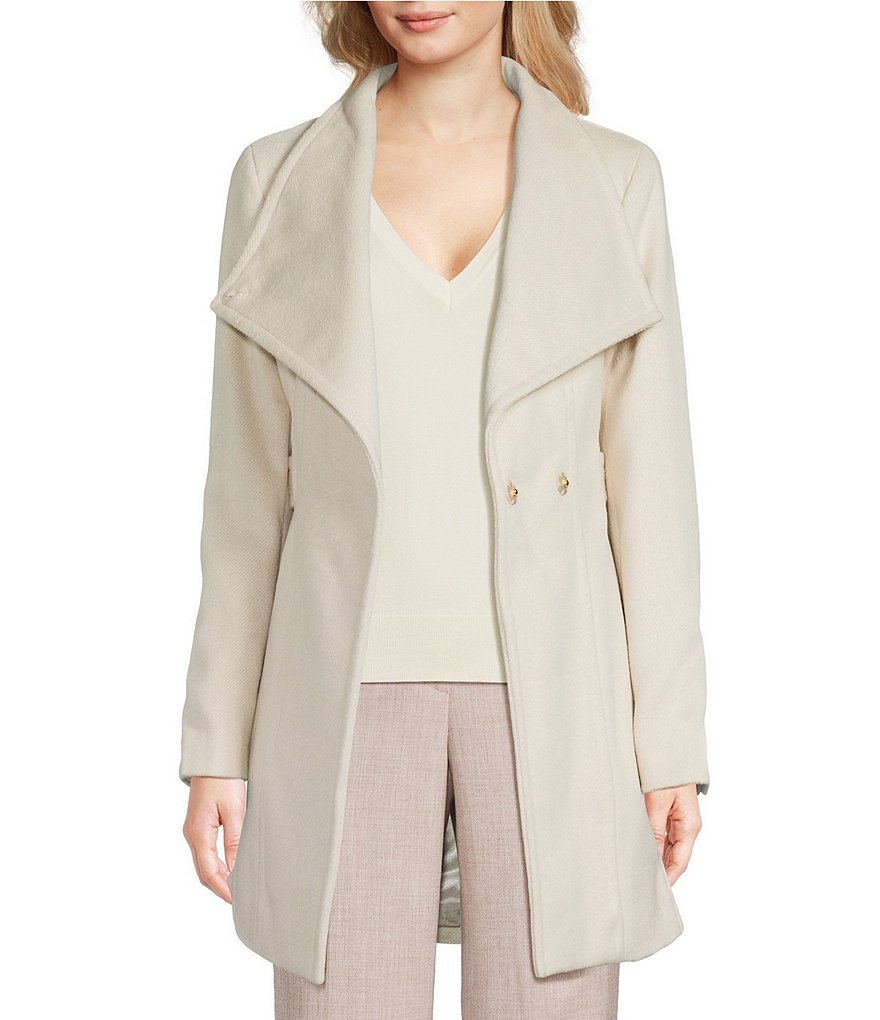 Donna Karan Wool Blend Asymmetrical Wing Collar Belted Wrap Coat