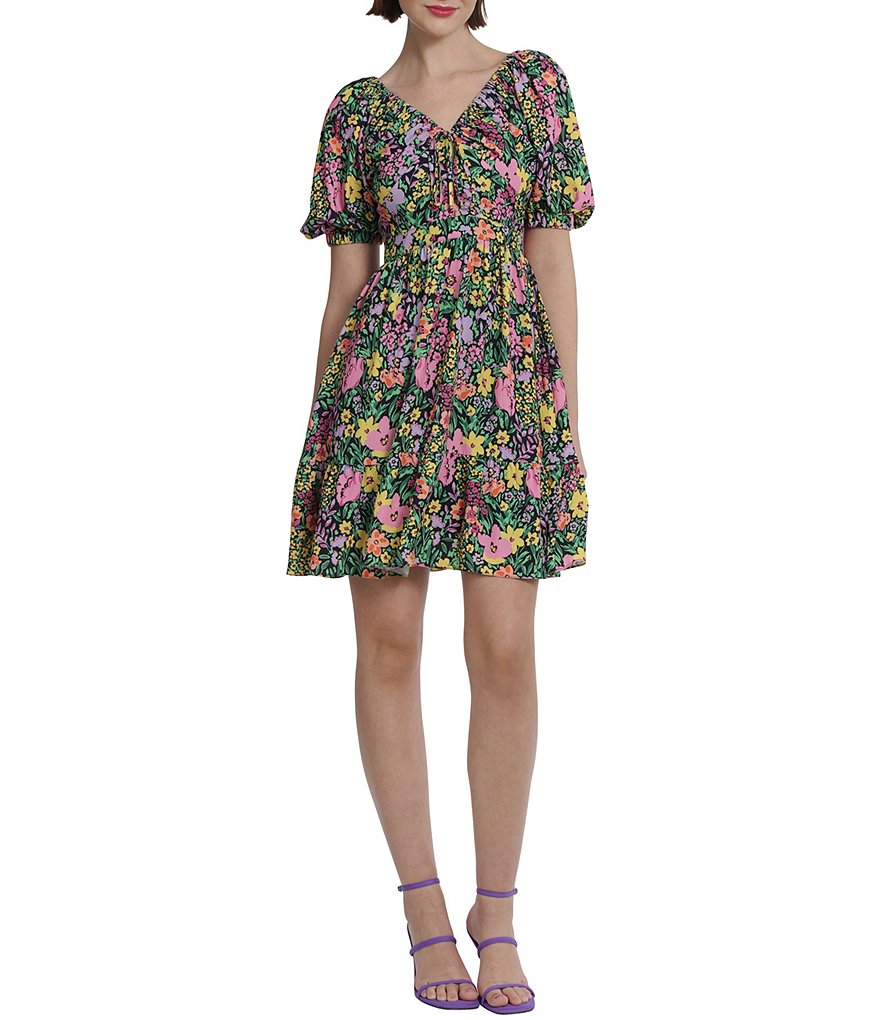 Donna Morgan Floral Print V-Neck Short Puff Sleeve Ruched Bodice Tiered ...