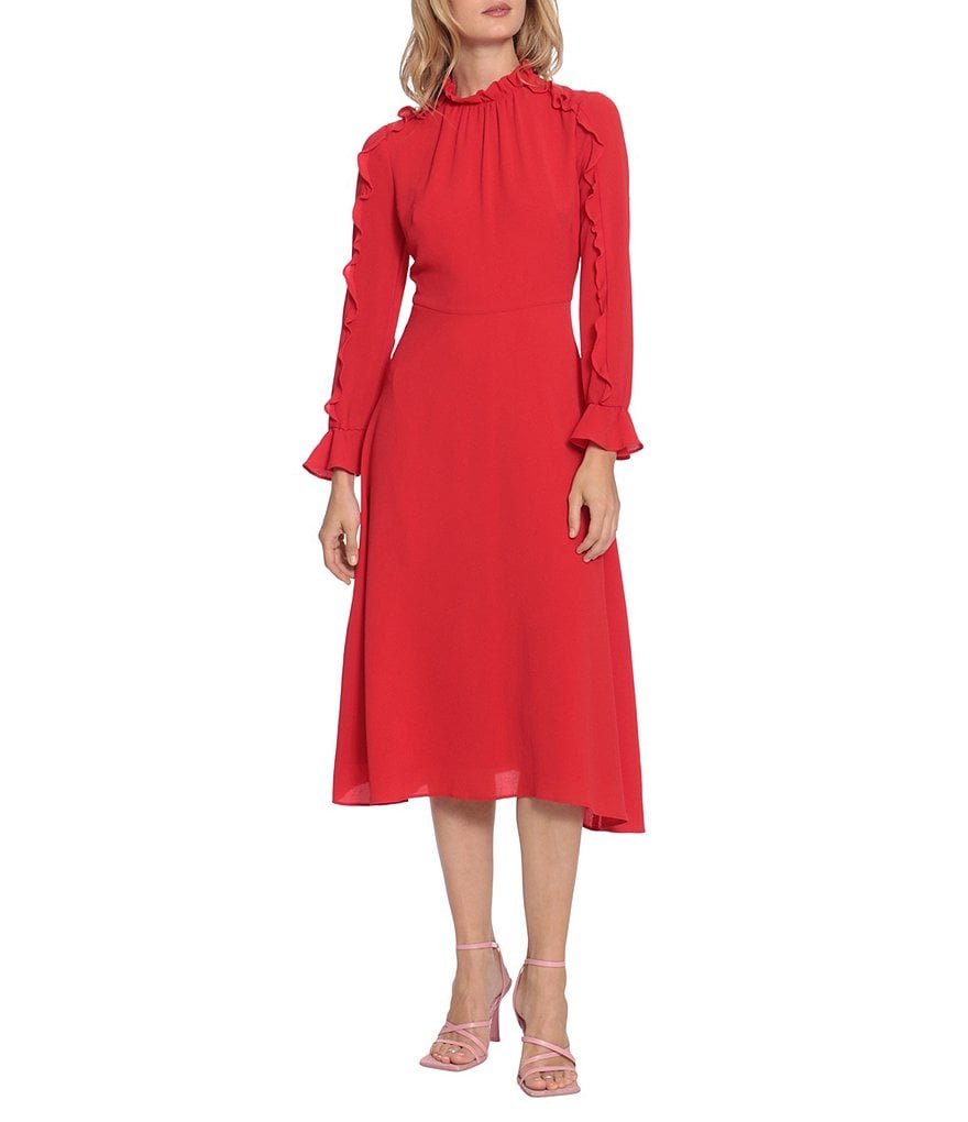 Donna Morgan Mock Neck Ruffle Long Sleeve Catalina Crepe Midi Dress ...