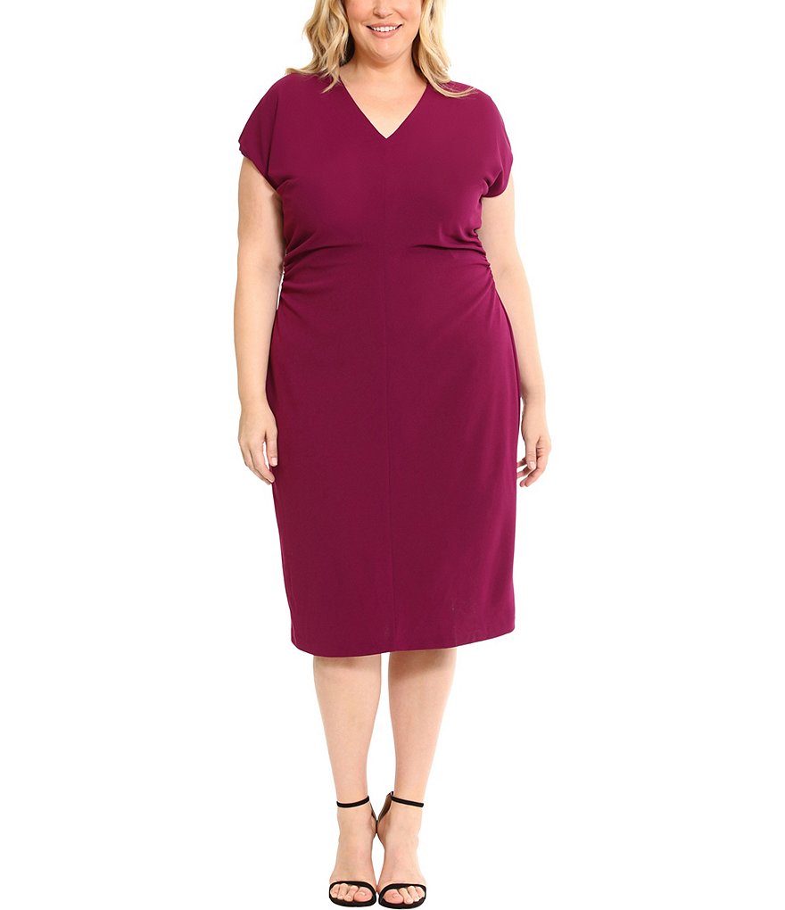 Donna Morgan Plus Size Short Sleeve V-Neck Cloud Crepe Sheath Dress ...