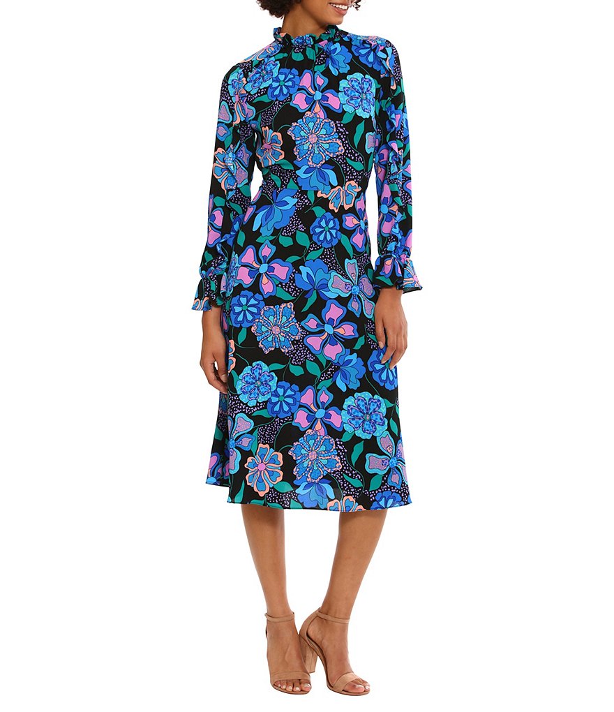 Donna Morgan Printed Ruffled Mock Neck Long Sleeve A-Line Midi Dress ...