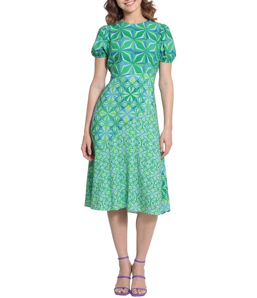 Donna Morgan Printed Short Puffed Sleeve A Line Midi Dress