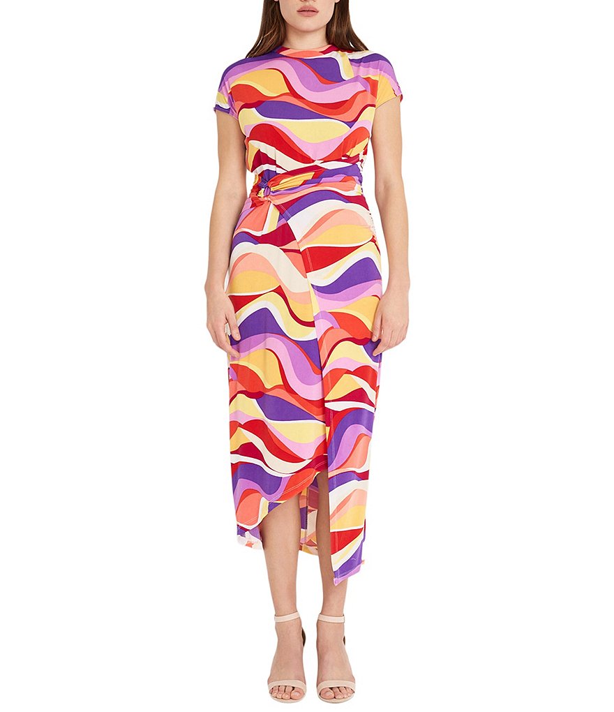 Donna Morgan Printed Stretch Matte Jersey Round Neck Cap Sleeve Front Slit Asymmetrical Hem Faux Wrap Dress Dillard s