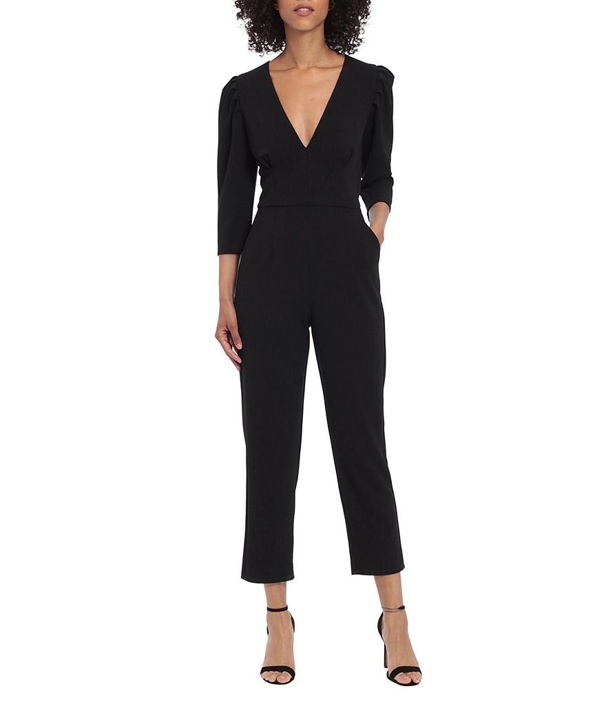 Donna Morgan Stretch Deep V-Neck 3/4 Sleeve Jumpsuit | Dillard's