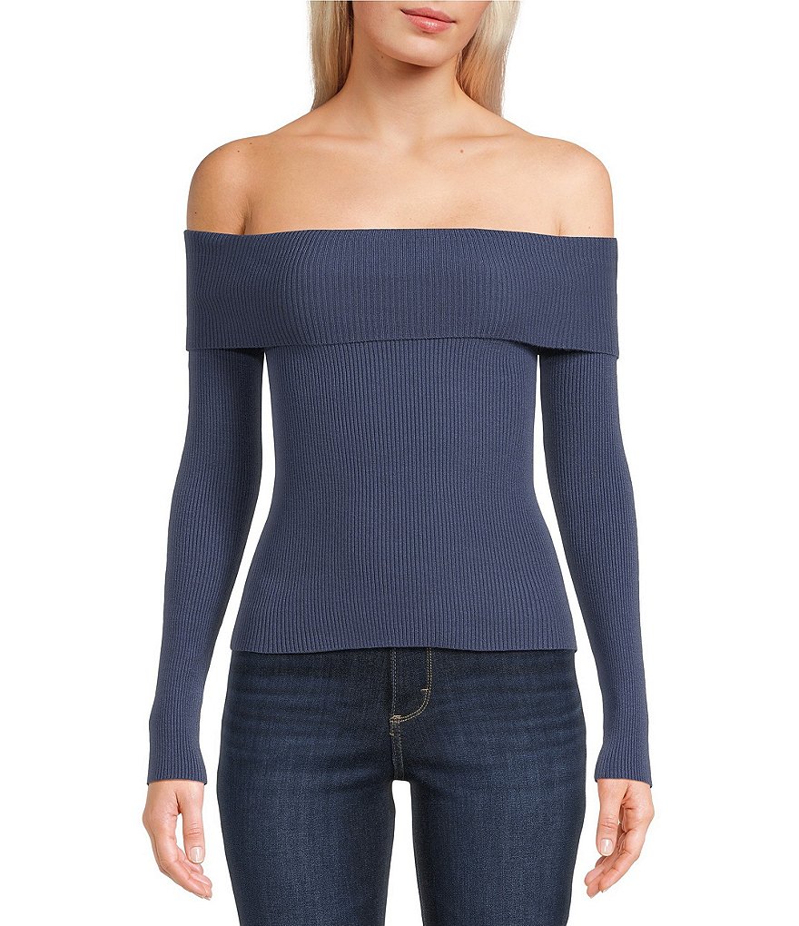 Double Zero Cropped Ribbed Knit Off-The-Shoulder Long Sleeve Top