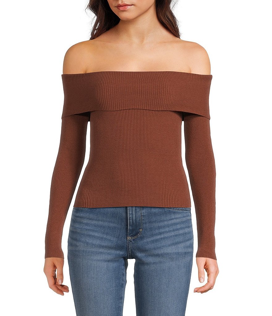 Double Zero Cropped Ribbed Knit Off-The-Shoulder Long Sleeve Top