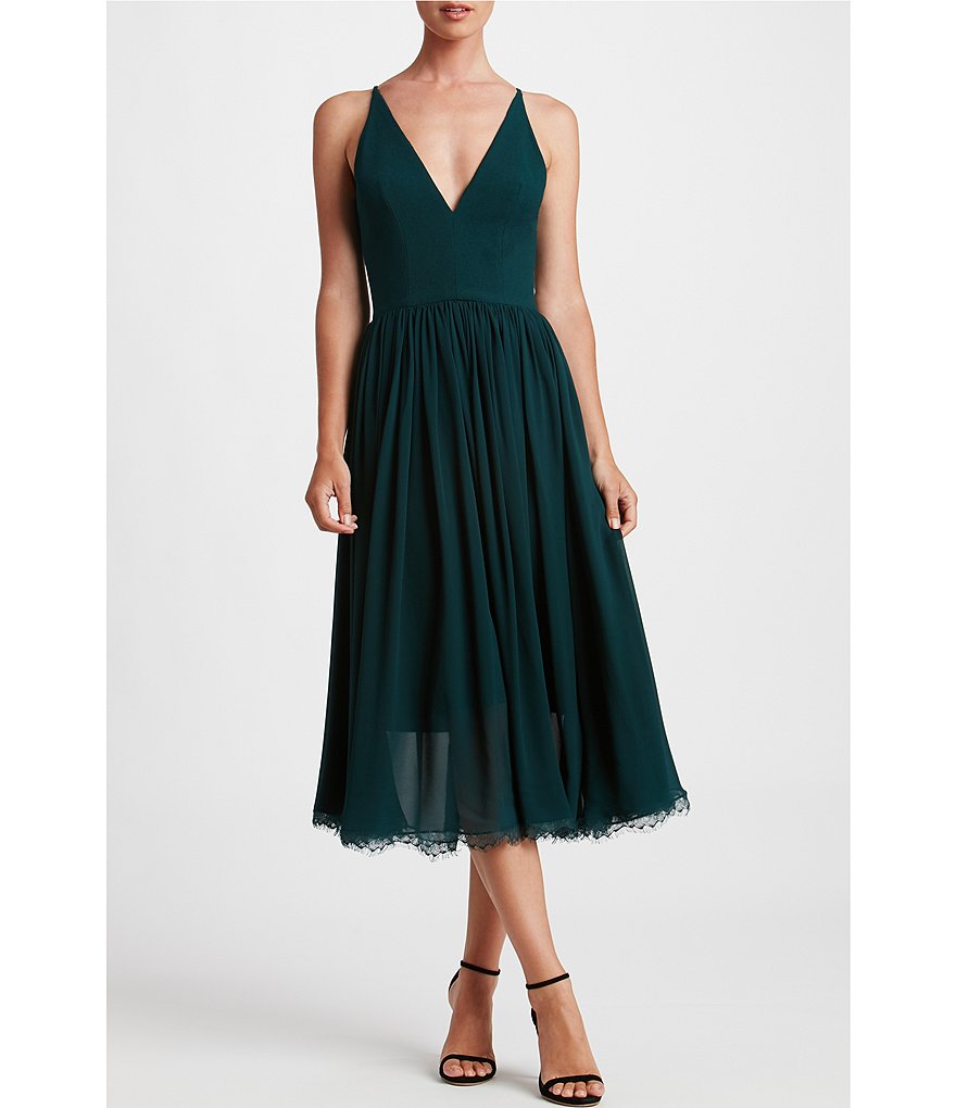 Dress the Population Alicia Chiffon V-Neck Sleeveless Lace Hem Midi Dress |  Dillard's