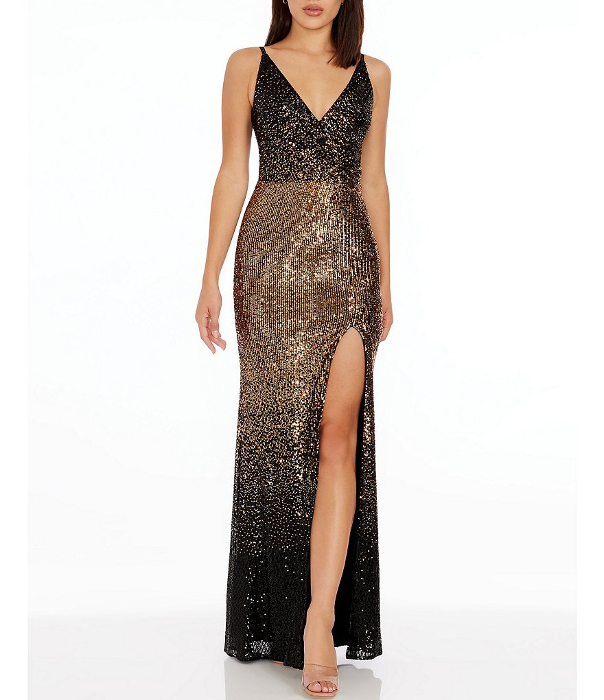 Dress The Population Ombre Stretch Sequin V Neckline Sleeveless Mermaid Gown Dillards 9594