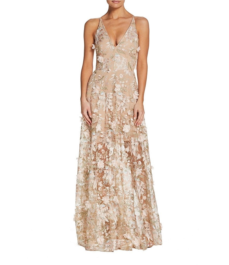 Dress the Population Sidney 3D Floral Plunging V-Neck Sleeveless Maxi Dress