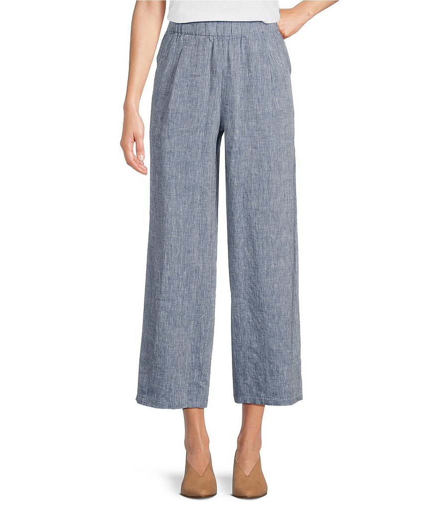 Eileen Fisher Chambray Organic Linen Yarn-Dyed Wide-Leg Pull-On Ankle Pants