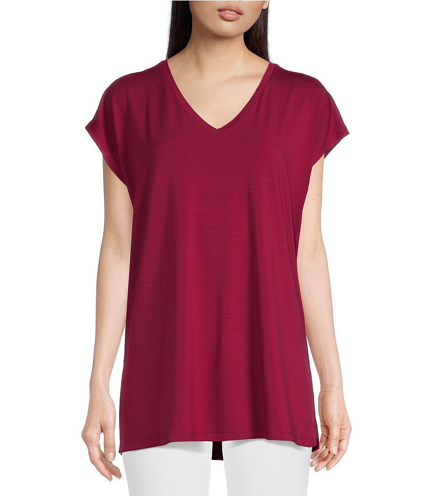 Eileen Fisher Fine Stretch Knit Jersey V-Neck Short Sleeve Boxy Shirt ...