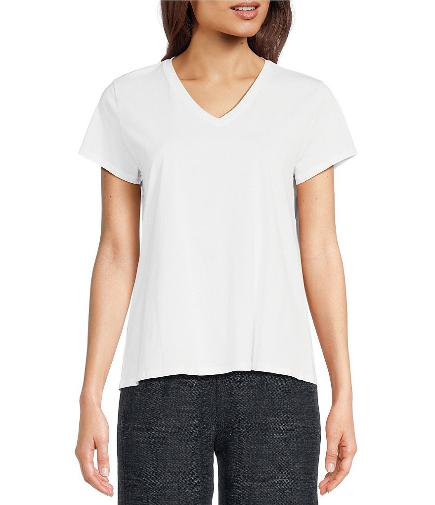 Eileen Fisher Organic Pima Cotton Jersey V-Neck Short Sleeve Tee Shirt