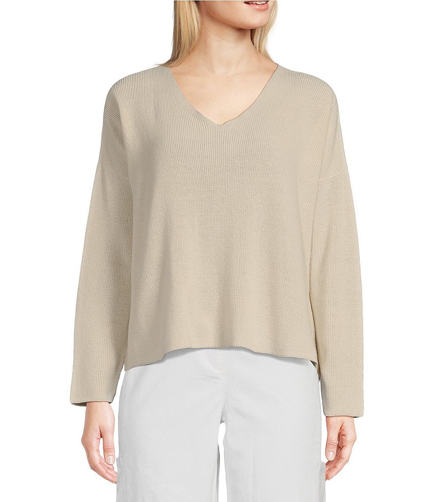 Eileen Fisher Peruvian Organic Cotton Crepe V-Neck Long Sleeve Sweater