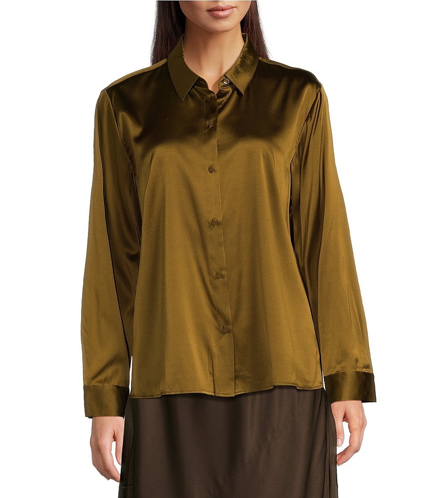 Eileen Fisher Satin Silk Charmeuse Women shops gold Long Sleeves peplum Blouse