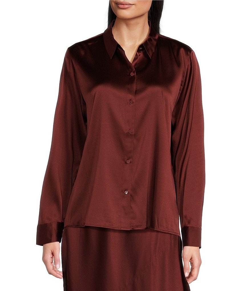 EILEEN FISHER Woman Burgundy 100% Silk Blouse store Top Tunic Asymmetric Size 2X