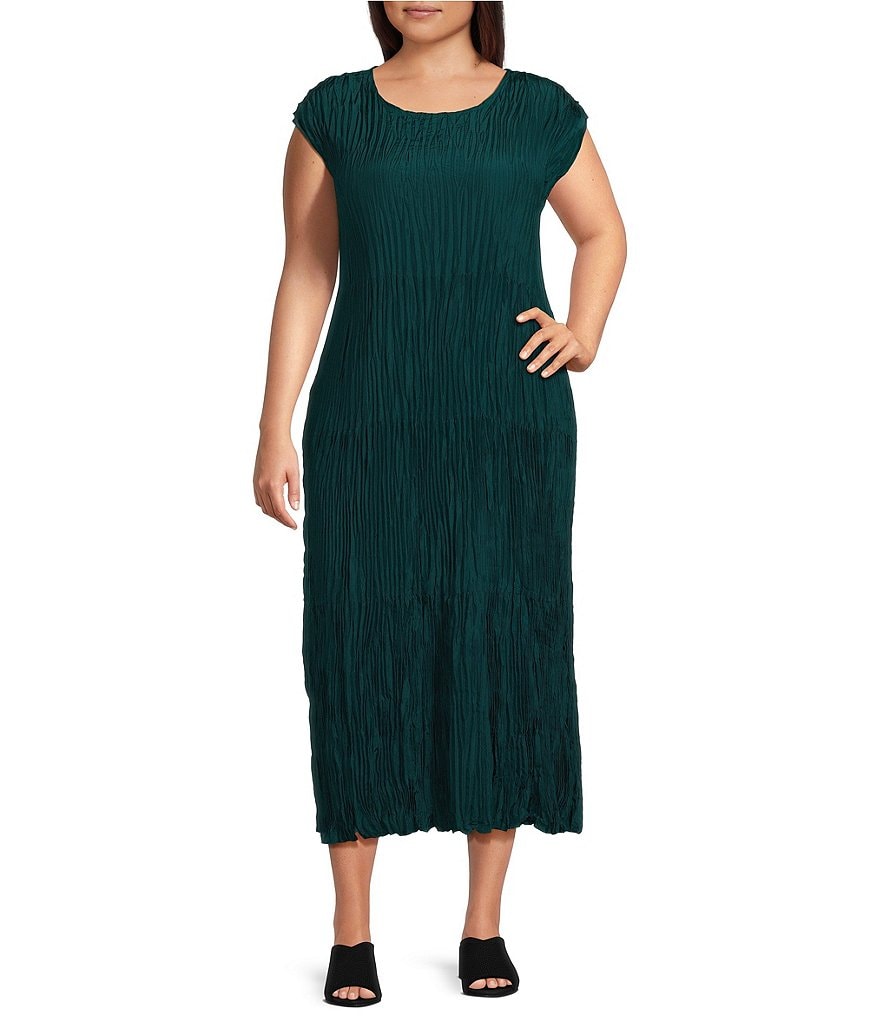 Eileen Fisher Plus Size Crinkle Silk Crew Neck Cap Sleeve A Line Tiered Midi Dress Dillard s