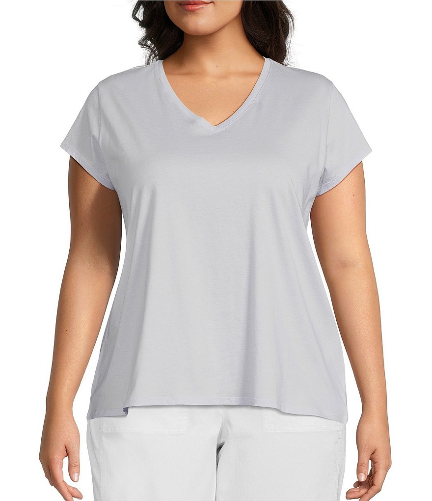 Eileen Fisher Plus Size Organic Pima Cotton Jersey V-Neck Short Sleeve Tee  Shirt