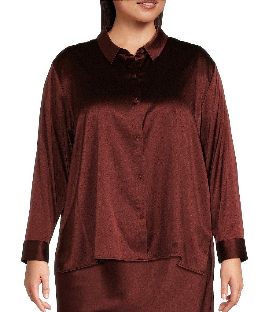 EILEEN FISHER Woman Burgundy 100% Silk Blouse Top Tunic Asymmetric Size deals 2X