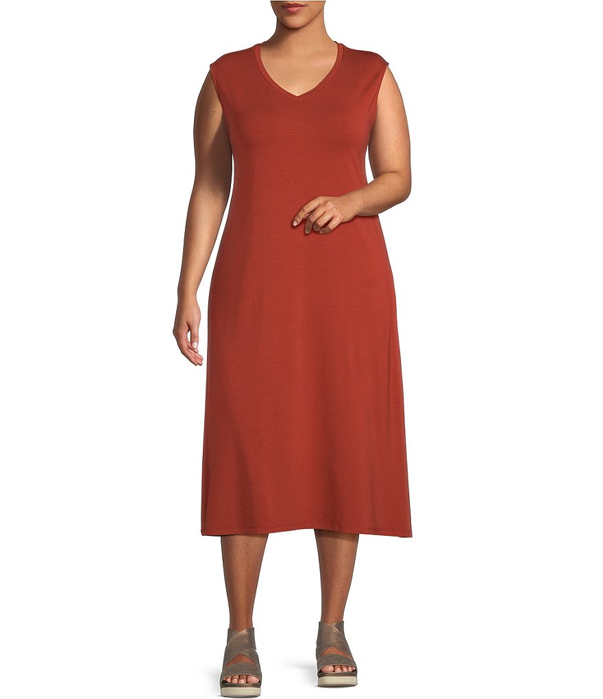 Eileen Fisher Plus Size Tencel™ Lyocell Knit Jersey V-Neck Sleeveless Midi  Shift Dress