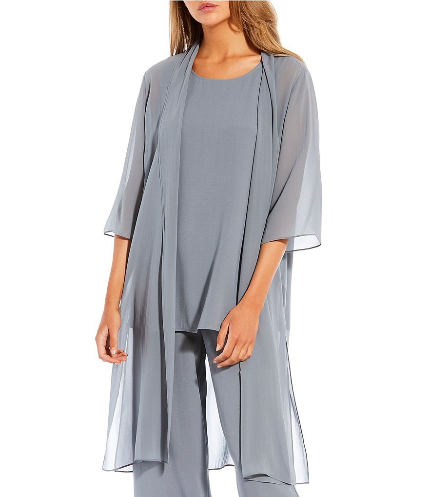 Eileen Fisher Sheer Silk Georgette 3/4 Sleeves Side Slit Open Front Jacket