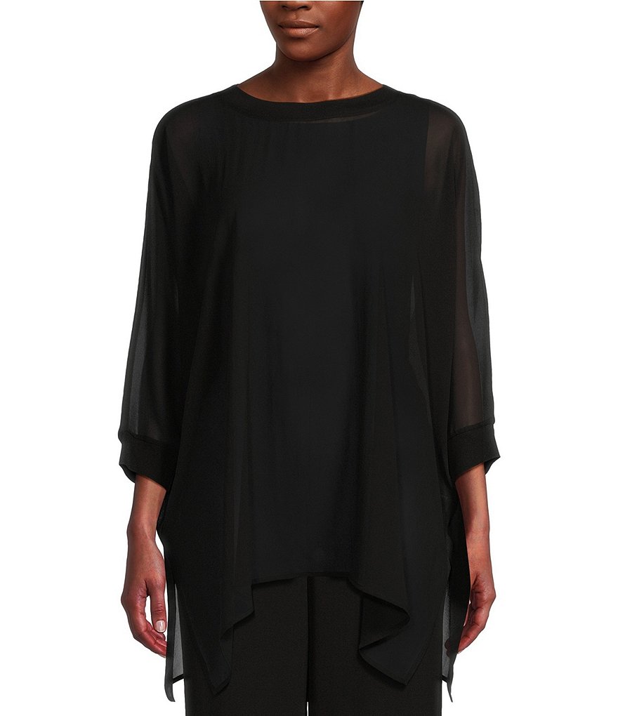 Eileen Fisher Sheer Silk Georgette Round Neck 3/4 Dolman Sleeve