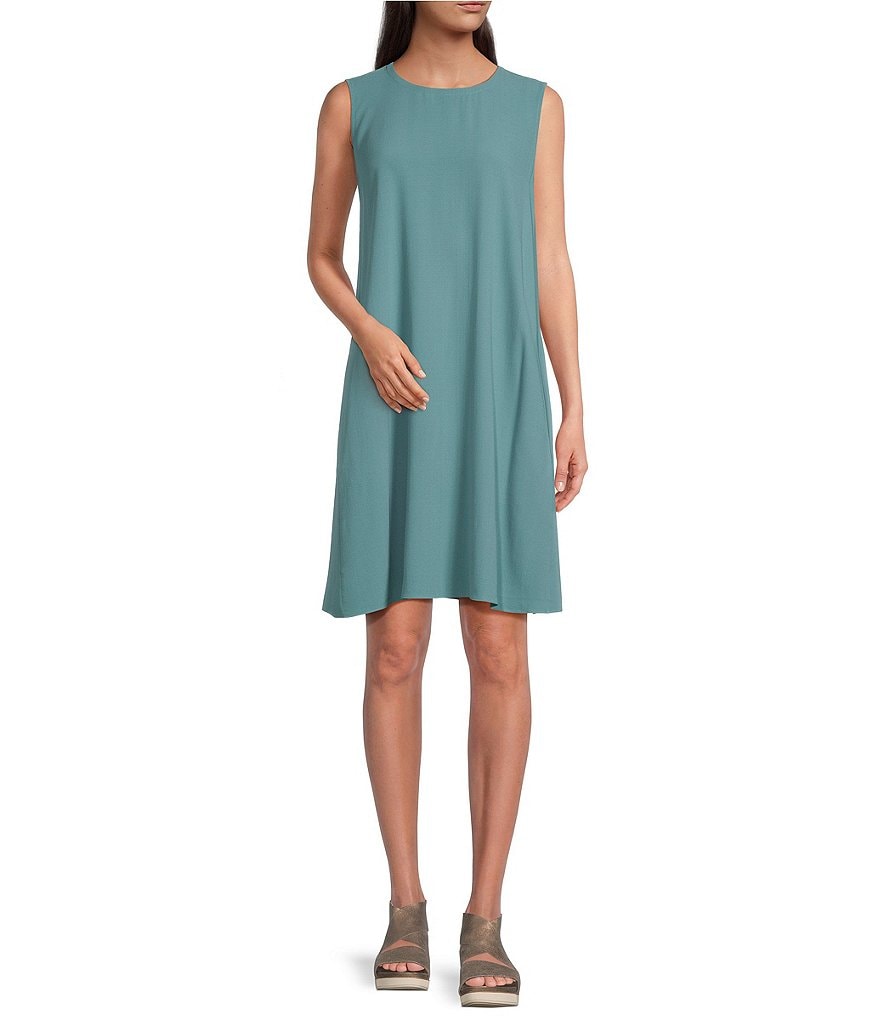 Eileen Fisher Silk Georgette Crepe Round Neck Sleeveless Easy Pocketed ...