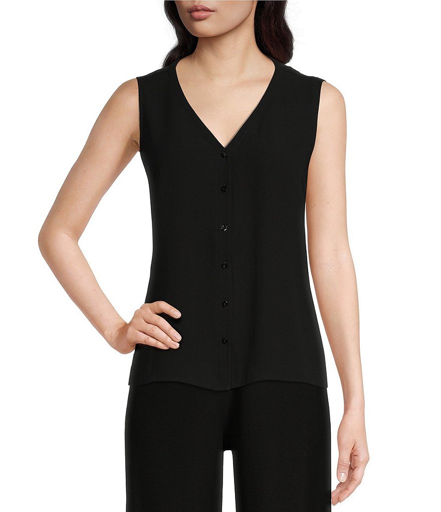 Eileen Fisher Silk Blend Ruffle Front Soft-V Tank Dress Black Size