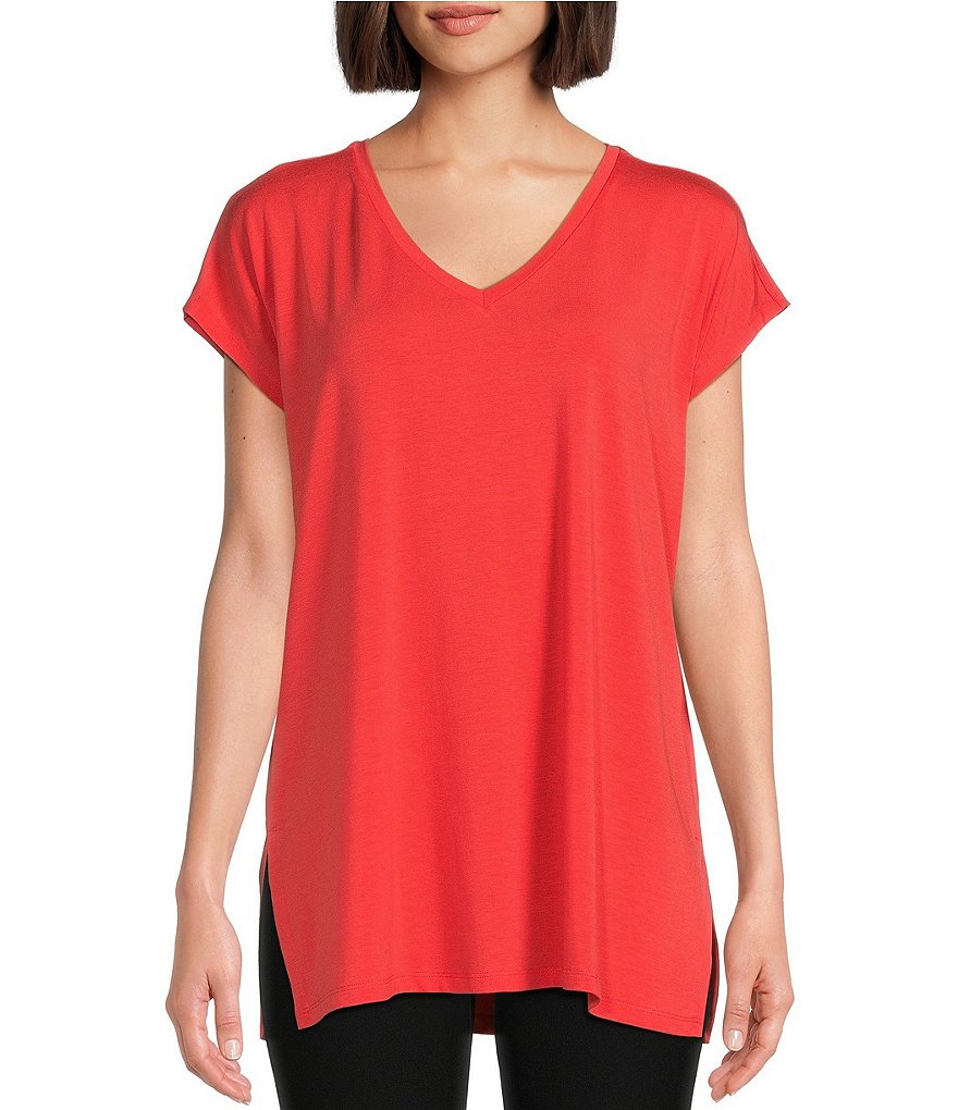 Eileen Fisher Stretch Knit Jersey V-Neck Cap Sleeve Boxy Top