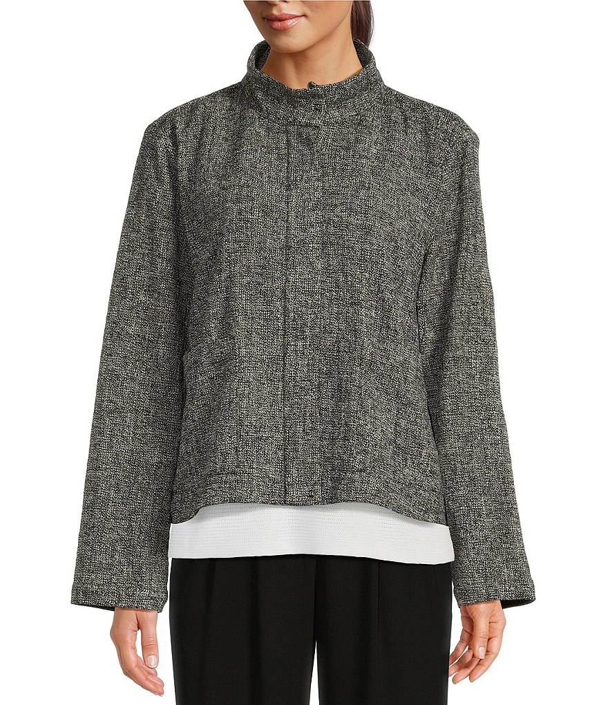 Eileen Fisher Textured Organic Cotton Tweed Stand Collar Long Sleeve  Pocketed Jacket