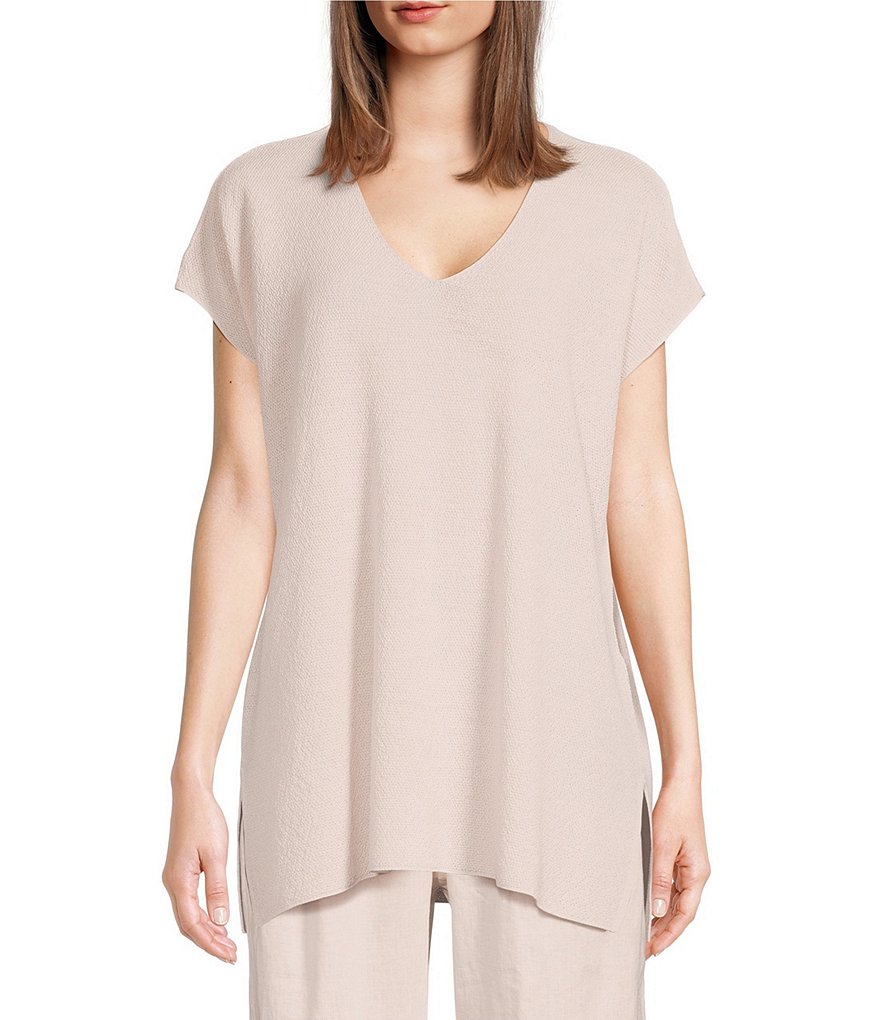 Eileen Fisher Washable Wool Crepe Knit V-Neck Cap Sleeve Side Slit Boxy  Tunic