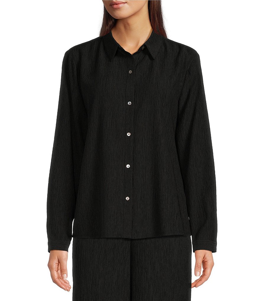 Eileen Fisher Woven Plisse Point Collar Long Sleeve Coordinating Button ...