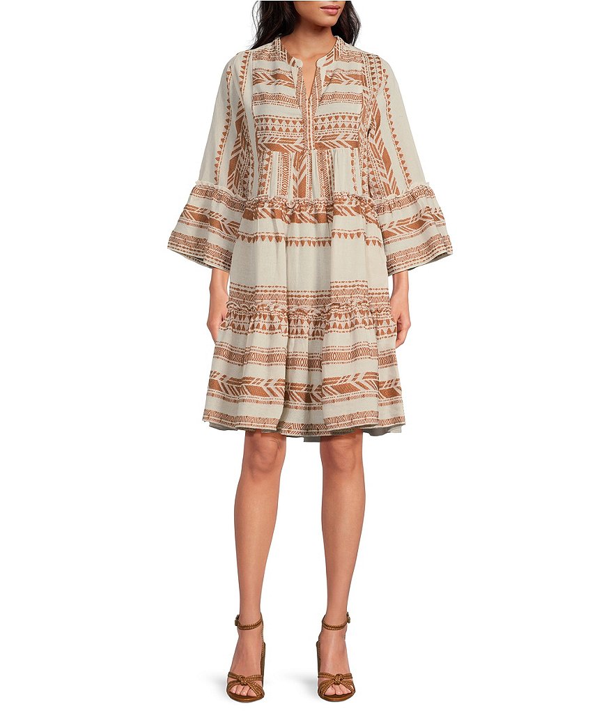 ELAN Arrow Print Split V-Neck 3/4 Bell Sleeve Babydoll Dress