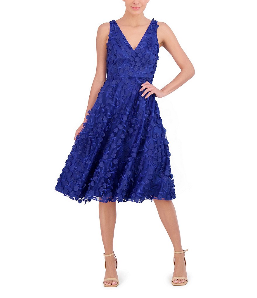 Eliza J 3D Floral Applique V-Neck Sleeveless A-Line Dress | Dillard's